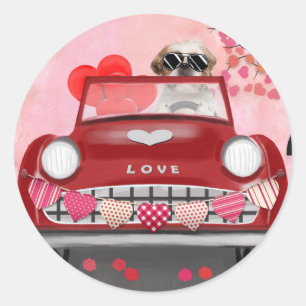 Shih Tzu Dog Car with Hearts Valentine's Classic Round Sticker