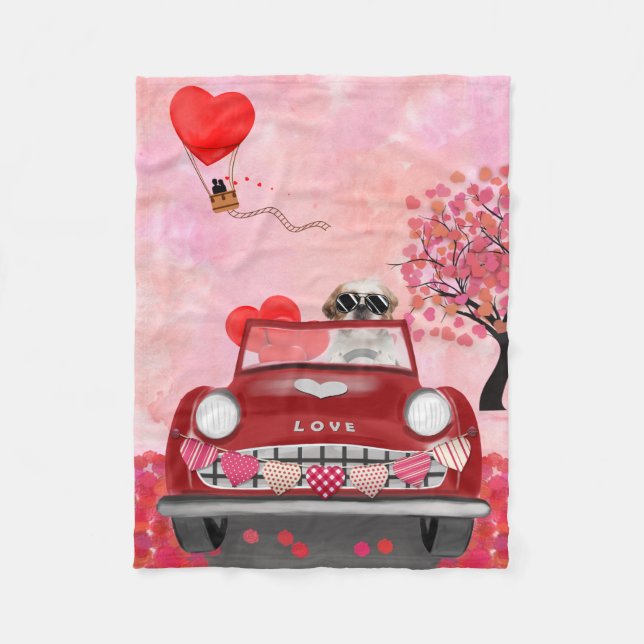 Shih Tzu Dog Car with Hearts Valentine's   Fleece Blanket (Front)