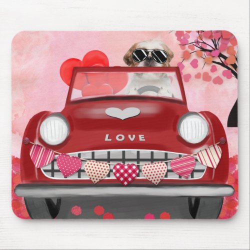 Shih Tzu Dog Car with Hearts Valentines   Mouse Pad