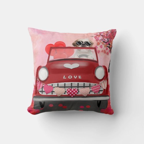 Shih Tzu Dog Car with Hearts Valentines Throw Pillow