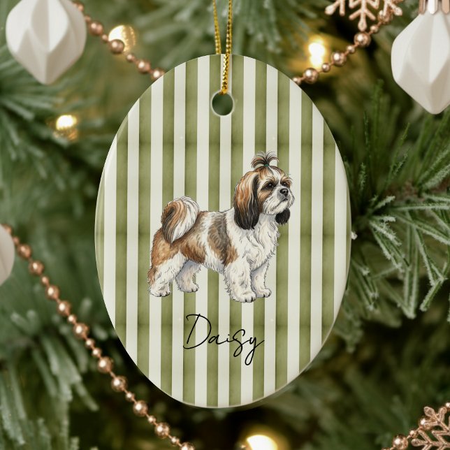 Shih Tzu Dog Christmas Ceramic Ornament (Celebrate the holidays with this timeless, vintage striped pet portrait! )