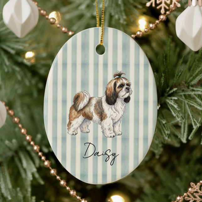 Shih Tzu Dog Christmas Ceramic Ornament (Celebrate the holidays with this timeless, vintage striped pet portrait! )