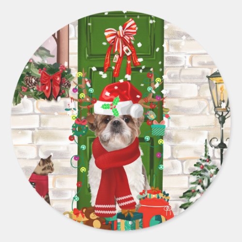 Shih Tzu Dog Christmas  Classic Round Sticker