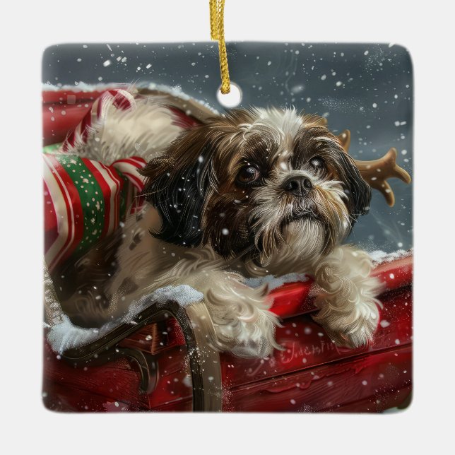Shih Tzu Dog Christmas Festive Ceramic Ornament (Front)