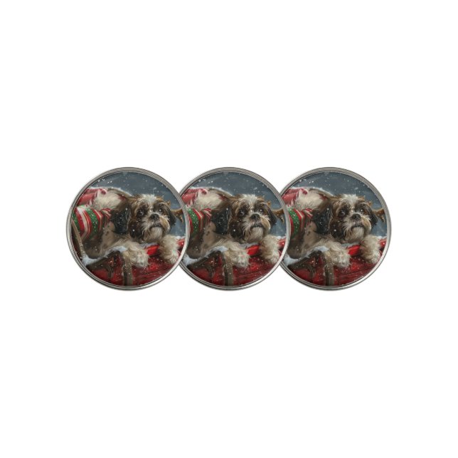 Shih Tzu Dog Christmas Festive Golf Ball Marker (3 Up)