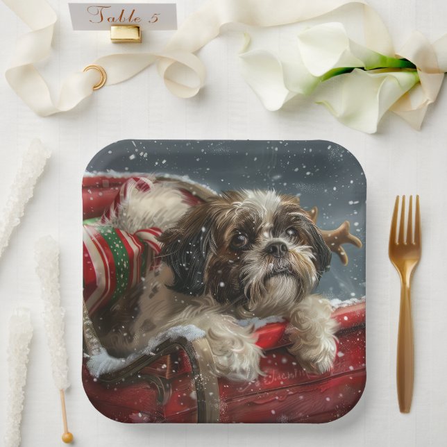 Shih Tzu Dog Christmas Festive Paper Plates (Wedding)