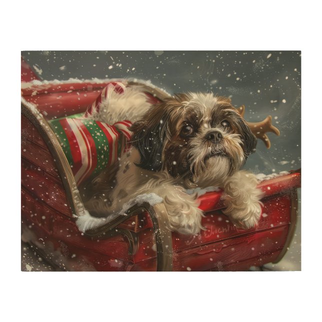 Shih Tzu Dog Christmas Festive Wood Wall Art (Front)