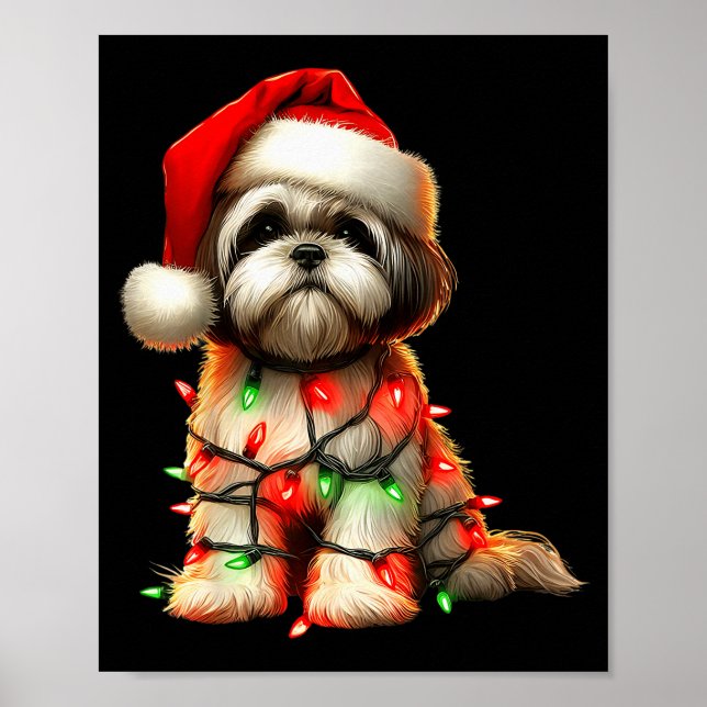 Shih Tzu Dog Christmas Lights Santa Hat Dog Lover  Poster (Front)