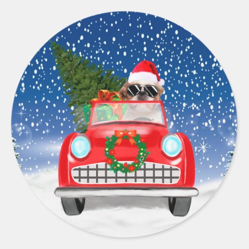 Shih Tzu Dog Driving Car In Snow Christmas   Classic Round Sticker