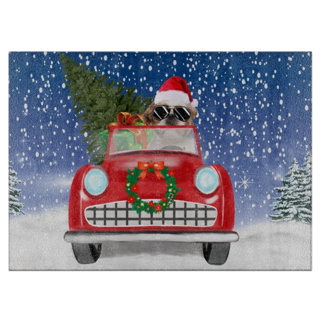 Shih Tzu Dog Driving Car In Snow Christmas Cutting Board (Front)