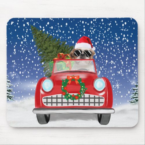 Shih Tzu Dog Driving Car In Snow Christmas  Mouse Pad