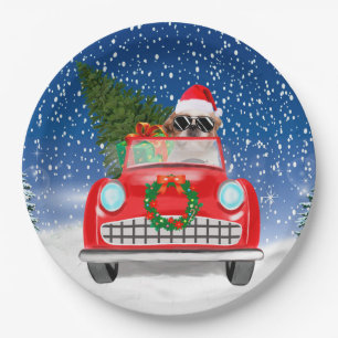 Shih Tzu Dog Driving Car In Snow Christmas Paper Plates