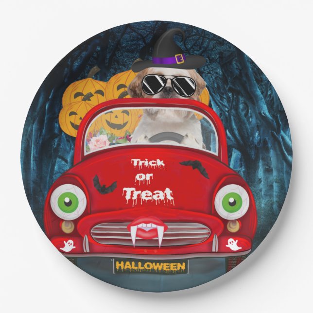 Shih Tzu Dog Driving Car Scary Halloween Paper Plates (Front)