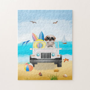shih tzu Dog Driving on Beach Jigsaw Puzzle