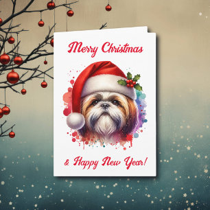 Shih Tzu Dog in Santa Hat Christmas Card