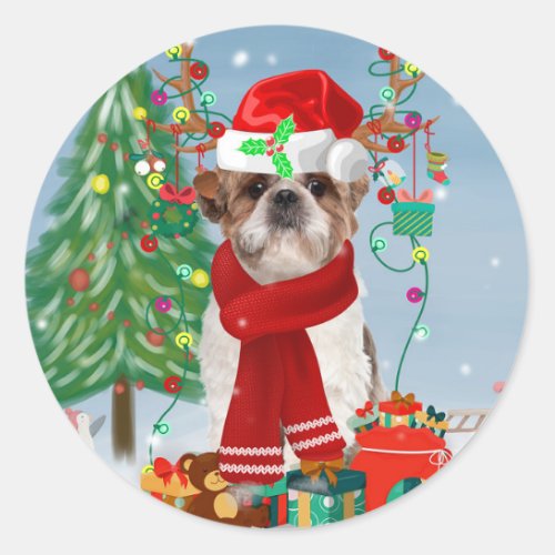 Shih Tzu Dog in Snow Christmas  Classic Round Sticker