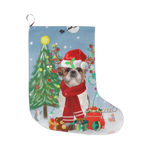 Shih Tzu Dog in Snow Christmas  Large Christmas Stocking