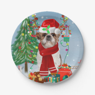 Shih Tzu Dog in Snow Christmas Paper Plates