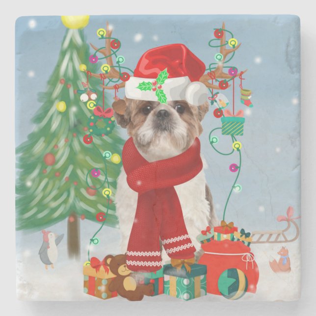 Shih Tzu Dog in Snow Christmas  Stone Coaster (Front)