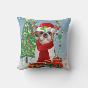 Shih Tzu Dog in Snow Christmas Throw Pillow