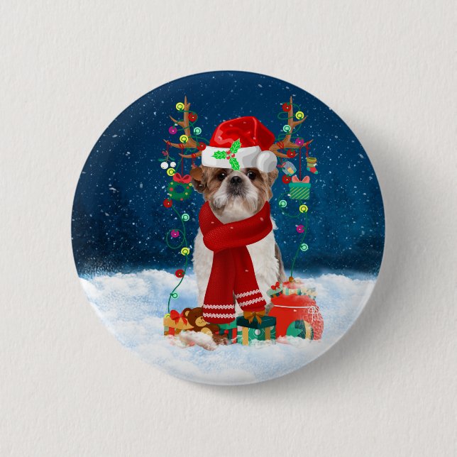 Shih Tzu Dog in Snow with Christmas Gifts  Button (Front)