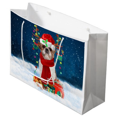 Shih Tzu Dog in Snow with Christmas Gifts  Large Gift Bag