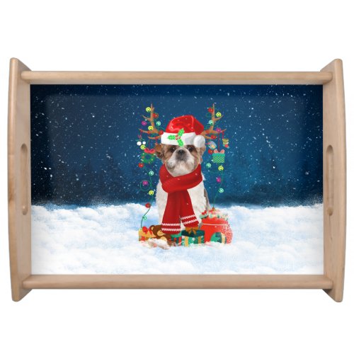 Shih Tzu Dog in Snow with Christmas Gifts  Serving Tray