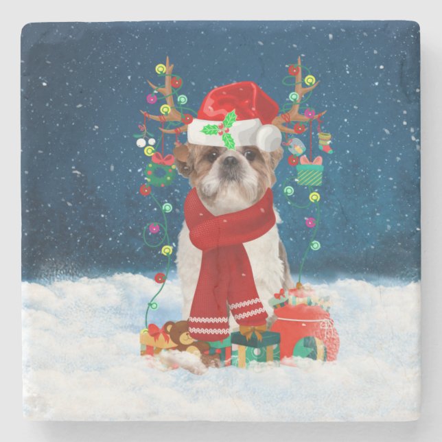 Shih Tzu Dog in Snow with Christmas Gifts  Stone Coaster (Front)