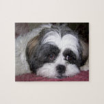 Shih Tzu Dog Jigsaw Puzzle<br><div class="desc">A Cute white and black Shih Tzu dog laying down on a rose / pink blanket. Adorable Shih Tzu Dog Breed Photograph image prints.</div>