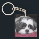 Shih Tzu Dog Keychain<br><div class="desc">A Cute white and black Shih Tzu dog laying down on a rose / pink blanket. Adorable Shih Tzu Dog Breed Photograph image prints.</div>