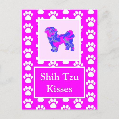 Shih Tzu Dog Kisses Silhouette in Cute Pink  Blue Postcard
