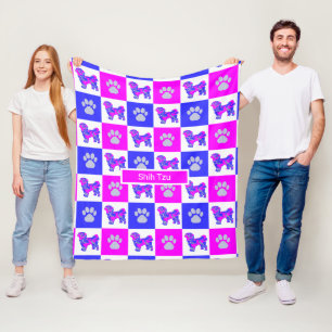 Shih Tzu Dog & Paw Hot Pink and Blue Fleece Blanket