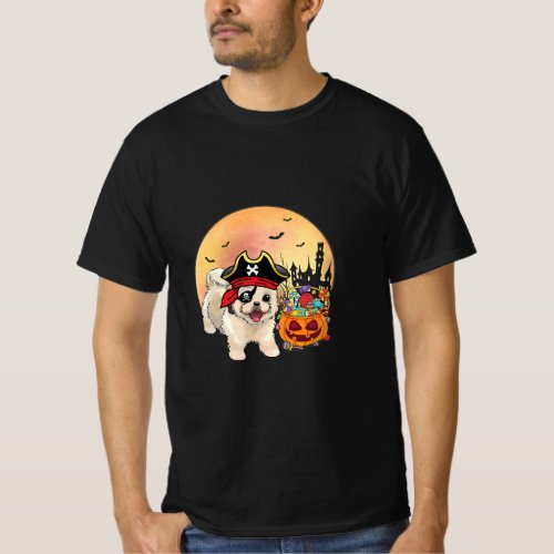 Shih Tzu Dog Pirate With Pumpkin Candy Halloween T_Shirt