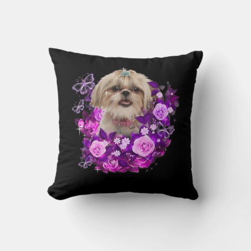 Shih Tzu Dog Purple Rose Flower Floral Gift Idea  Throw Pillow