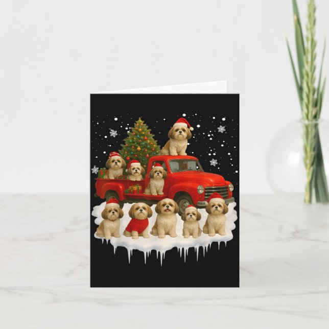 Shih Tzu Dog Red Truck Christmas Tree Santa Ugly X Card (Front)