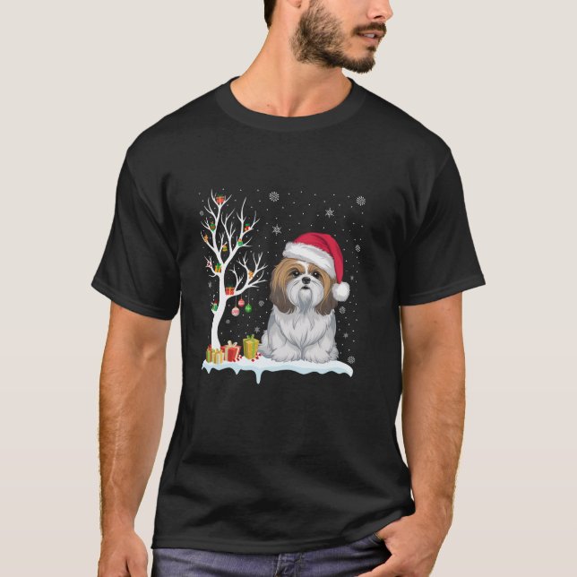 Shih Tzu Dog Santa Hat Festive Tree Light Christma T-Shirt (Front)