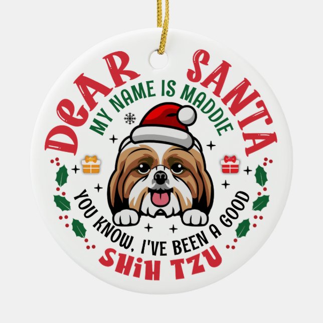 Shih Tzu Dog Santa Personalized Christmas Tree Ceramic Ornament (Front)