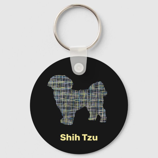 Shih Tzu Dog Silhouette Yellow & Black Grid Lines Keychain (Front)