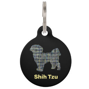 Shih Tzu Dog Silhouette Yellow & Black Grid Lines Pet ID Tag
