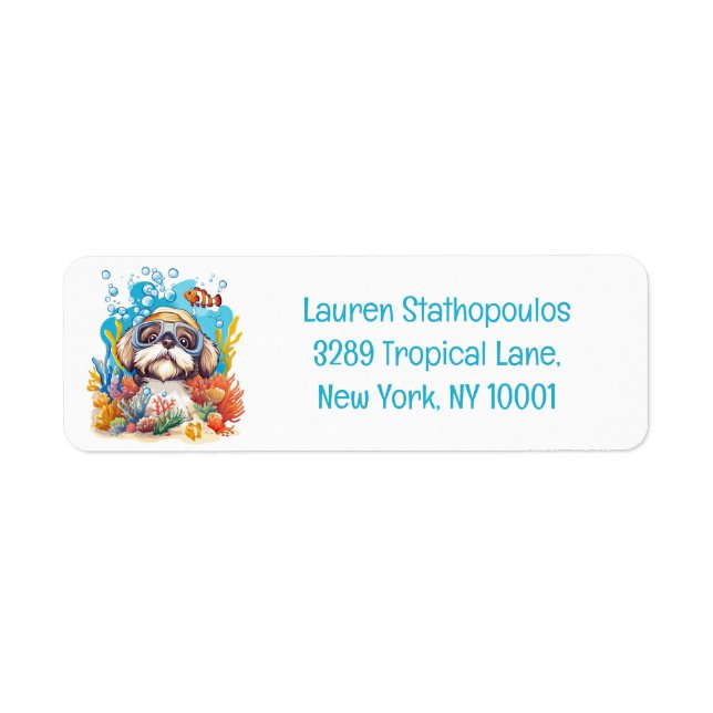 Shih Tzu Dog Snorkeling Coral Reef Label (Front)