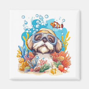 Shih Tzu Dog Snorkeling Coral Reef Magnet