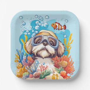 Shih Tzu Dog Snorkeling Coral Reef Paper Plates