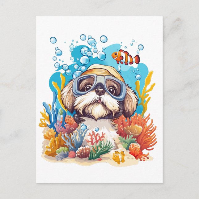 Shih Tzu Dog Snorkeling Coral Reef Postcard (Front)