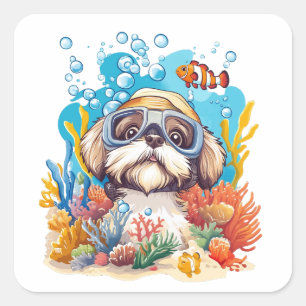 Shih Tzu Dog Snorkeling Coral Reef Square Sticker