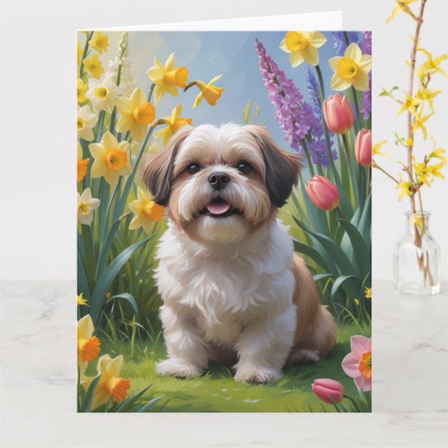 Shih Tzu Dog Spring Flowers Painting Card (Yellow Flower)