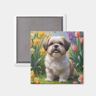 Shih Tzu Dog Spring Flowers Painting Magnet