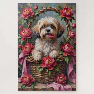 Shih Tzu Dog Valentine's Day Peony Flower Basket Jigsaw Puzzle