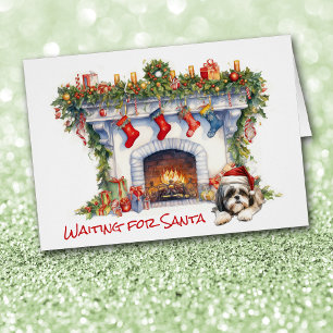 Shih Tzu Dog Wait for Santa Christmas Fireplace Cards