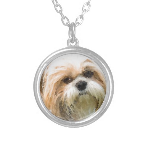 Shih Tzu Dog Water Color Art Painting Silver Plated Necklace
