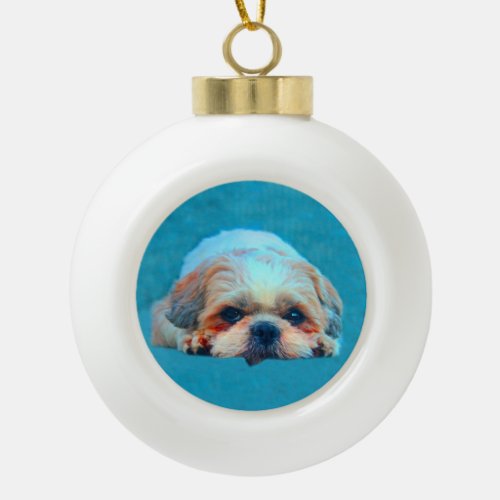 Shih Tzu Dog Water color art Portrait Ceramic Ball Christmas Ornament